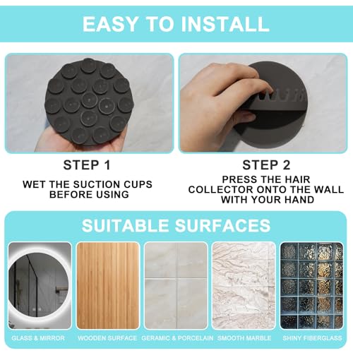2PCS Hair Catcher Shower, Wall-Mount Suction Hair Collector, Hair Trap for Shower Drain, Reusable Shower Wall Hair Catcher, Silicone Hair Grabber for Bath & Shower (Black)