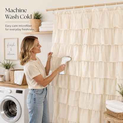 Beige Ruffle Shower Curtain for Bathroom, 72x84 inch, Elegant Ruffled Panel | Ruched Fabric Texture, Cascading Waterfall Ruffles, Extra-Long 72 X 84, 12 Hooks Included, Machine Washable, Opaque Rustic - color: Beige, size: 72"W x 84"L (Pack of 1)