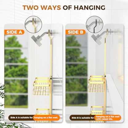 REINHARDT Split Shower Caddy Hanging for Handheld Showerheads, Gold | Adjustable Shower Organizer, Rustproof, 16 Hooks, Soap Holder, 40lbs Capacity, Anti-Slip, Tool-Free, Bathroom Accessories - color: Gold