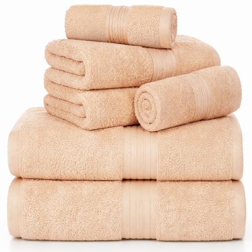 100% Cotton Bathroom Towel Set, 600 GSM, Soft & Absorbent, 6 Piece Set (2 Bath Towels, 2 Hand Towels, 2 Washcloths), Beige - color: Beige, size: Towel Set of 6