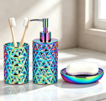 Rainbow Bathroom Accessories Set 3Pcs - Soap Dispenser, Soap Dish, Vase | Luxury Design Diamond Ceramic Bathroom Accessory Complete Set - Lotion Dispenser, Soap Dish,Vase for Countertop Vanity - color: Rainbow