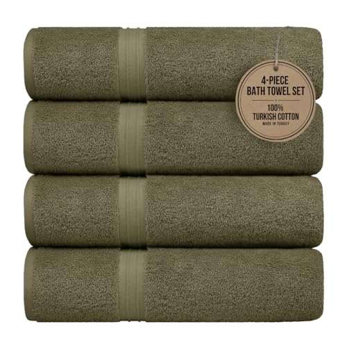 Bathroom Towels Set of 4 - Soft & 100% Turkish Cotton - Large (28" x 56") Hotel Quality, Cozy - Versatile, Perfect as Showering Towels, Spa Towel - Army Green - color: Army Green