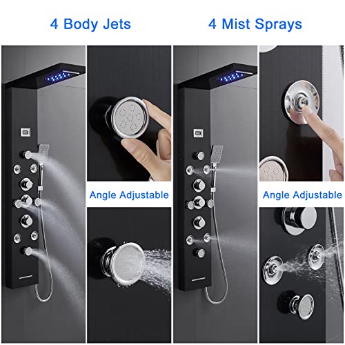 POPFLY 6 In 1 LED Shower Panel Tower System, 8 Body Massage Jets, 304 Stainless Steel Wall Mount Rainfall ＆ Waterfall Shower Column Towers with Temperature Display, Tub Spout, Black - color: 8 Jets-Black