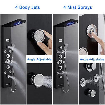 POPFLY 6 In 1 LED Shower Panel Tower System, 8 Body Massage Jets, 304 Stainless Steel Wall Mount Rainfall ＆ Waterfall Shower Column Towers with Temperature Display, Tub Spout, Black - color: 8 Jets-Black