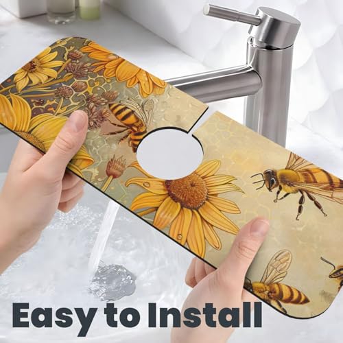 Rural Honey Bees flowers Printed Diatomite Kitchen Faucet Mat, Water Absorbent Sink Splash Guard, Quick Drying Faucet Pad , Non-Slip Sink Accessories for Kitchen Bathroom Counter (15" X 5.5" )