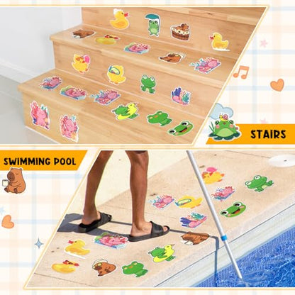 Yaomiao 24 Pcs Non Slip Bathtub Stickers Anti Slip Shower Stickers Cute Axolotl Duck Capybara Frog Decals Threads Adhesive Appliques with Scraper for Safety Bathroom Tubs Shower Floor Stairs - style: Cute