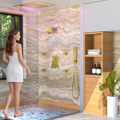 ENGA Dual Rain LED Shower System, 14"x20" Large Shower Head + 6" Wall Shower, 4 Body Jets with Individual On/Off & Adjustable Water Pressure, Rainfall Shower Faucet Set, Brushed Gold - color: Brushed Gold, style: 14X20" Led Shower - Body Jets