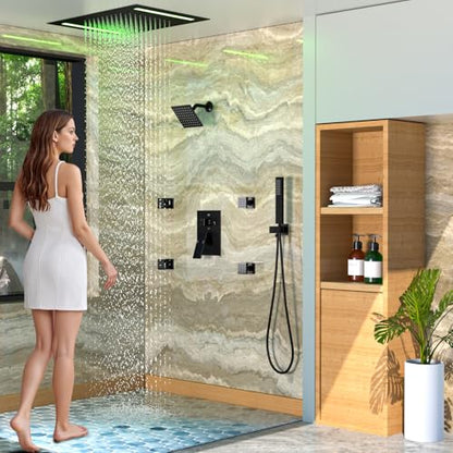 ENGA Dual Rain LED Shower System, 14"x20" Large Shower Head + 6" Wall Shower, 4 Body Jets with Individual On/Off & Adjustable Water Pressure, Rainfall Shower Faucet Set, Matte Black - color: Matte Black, style: 14X20" Led Shower - Body Jets