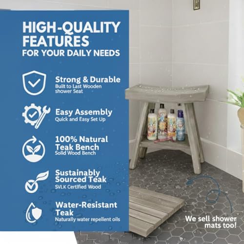 EcoDecors Serenity Teak Wood Shower Bench with Shelf 18 Inch Lunar Gray Finish Solid Teak Bathroom Seat Storage Non Slip Adjustable Feet Slatted Drainage Design for Shower Spa Sauna Indoor Outdoor Use