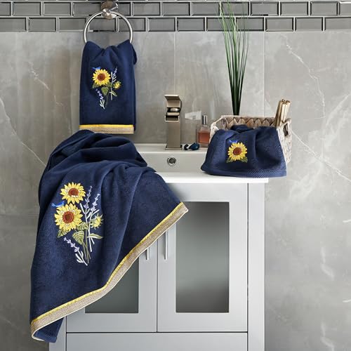 Jubilant 4-Piece Premium Towel Set, Vibrant Floral Applique, Luxurious Turkish Cotton, Soft & Durable, Elegant Bath Ensemble, 2 Bath 2 Hand Towels, Marine - color: Marine, size: 2 Pcs Bath 2 Pcs Hand Towel