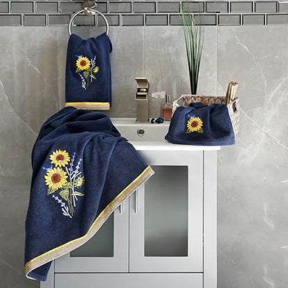 Jubilant 4-Piece Premium Towel Set, Vibrant Floral Applique, Luxurious Turkish Cotton, Soft & Durable, Elegant Bath Ensemble, 2 Bath 2 Hand Towels, Marine - color: Marine, size: 2 Pcs Bath 2 Pcs Hand Towel