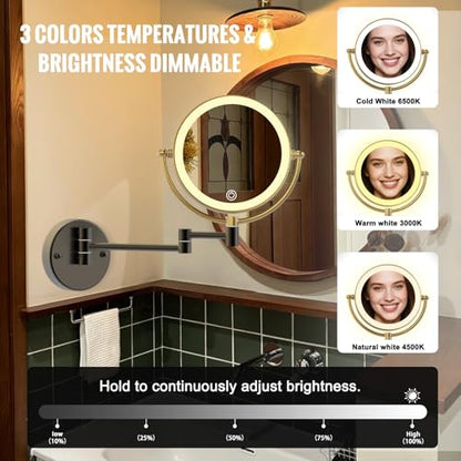 Lighted Magnifying Makeup Mirror Wall Mounted, 1/11X, Brushed Moderne Brass | 3 Color LED Lighting, Touch Dimming, Memory Function, Double Sided 8" Bathroom Vanity, Extension Arm 361 Rotation, Hardwired - color: Matte Black With Brushed Moderne Brass