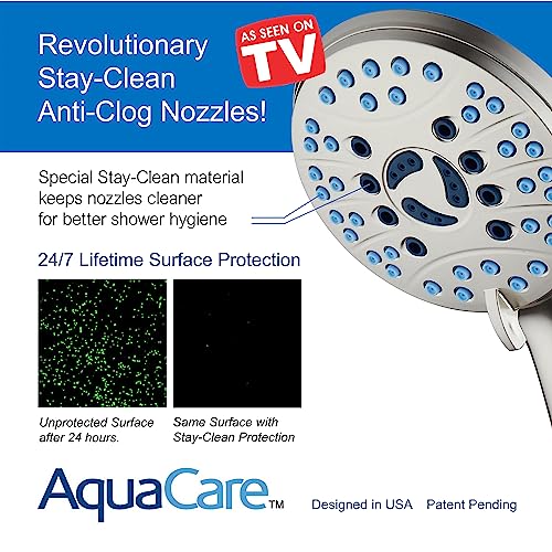 AquaCare 8-mode High Pressure Handheld Shower Head with 2-mode Power Wash | Stay Clean Nozzles, Dual Power Wash for Tub, Tile & Pets, Long 6 ft. Stainless Steel Hose, Wall & Overhead Brackets / Nickel - color: Satin Nickel, style: 1.8 Gallon Per Minute