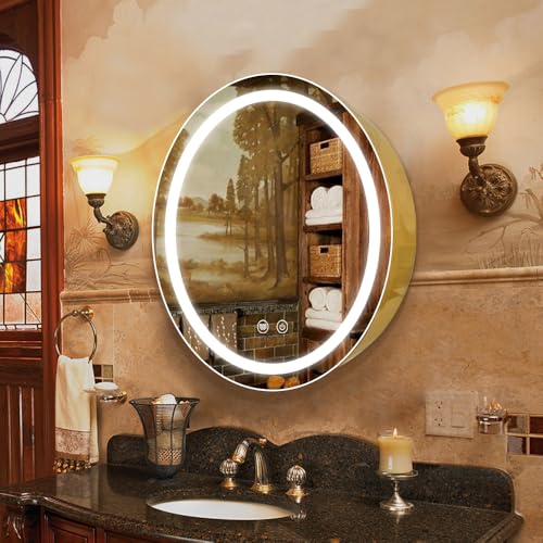 26inch Round Medicine Cabinet with Lights,Led Medicine Cabinet with Defogger,Illuminated Mirror Cabinet for Bathroom,Dimmable,Anti-Fog,3 Colors,Surface Mount only,Gold - color: Gold, size: 26inch