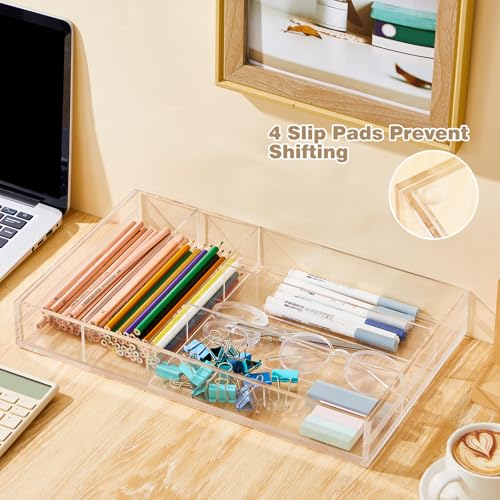 Briwooody 2 Pcs Acrylic Drawer Organizer 9'' up to 18'' x 15'' x 2'' Expandable Drawer Organizer Pens Notebook Ruler Makeup Tray with 7 Adjustable Compartments for Desk Office Kitchen Bathroom(Clear) - size: 18 x 15 x 2inch