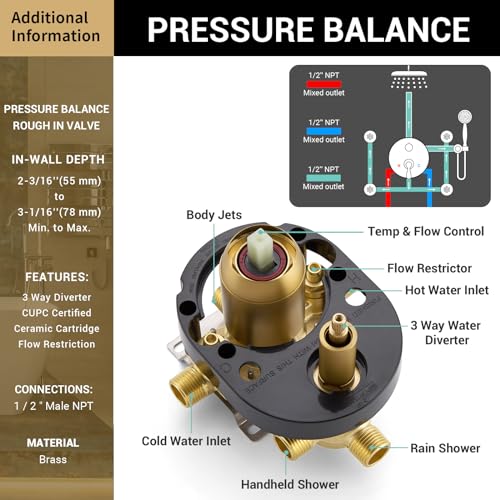 DASAN Antique Shower Faucet Sets Complete Rain Shower System in Wall with Body Shower Spray Jets, Brushed Gold Shower Fixtures with 9'' Rainfall Overhead Shower, Handheld, Valve & Trim Kit, AT249W-BTG - color: Brushed Gold