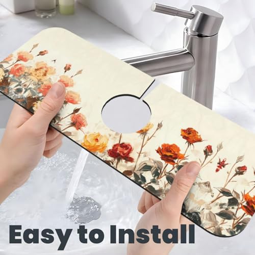 Diatomite Faucet Mat for Kitchen Sink & Bathroom Counter, Super Absorbent Water Sink Protectors Prevent Moisture Buildup, Sink Splash Guard 15×5.5 Inch - color: Flower1