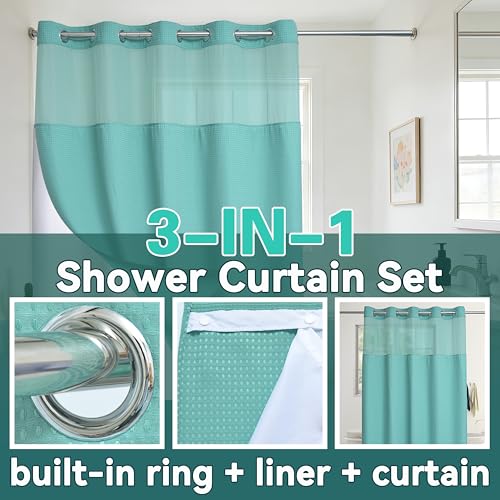 Conbo Mio No Hook Green Waffle Weave Shower Curtain with Snap in Liner Set, Hotel Luxury Shower Curtains for Bathroom with See Through Top Window, Waterproof, Washable 71W x 74H - color: Waffle-green, size: 71"W x 74"L (Pack of 1)