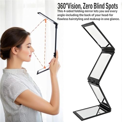 Foldable Makeup Mirror 4 Barber Mirrors, 360 Degree Handheld Desktop DIY Haircut Tool,Styling, Grooming,Portable Foldable Makeup Mirror,Plus 15X Magnifying Mirror