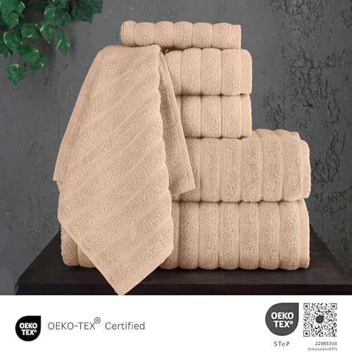 Classic Turkish Towels CTT Luxury 6 Piece Towel Set, 100% Turkish Cotton, Quick Drying, Highly Absorbent & Comfy, Includes 2 Bath Towels, 2 Hand Towels & 2 Washcloths | (Almond Beige) - color: Almond Beige, size: 6-Piece Towel Set