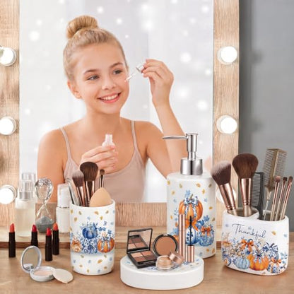 4 Pcs Fall Chinoiserie Ceramic Bathroom Accessories Blue and White Pumpkin Lotion Soap Dispenser, Toothbrush Holder, Tumbler, Soap Dish for Autumn Thanksgiving Bathroom Decorations Gifts - style: Fall Chinoiserie Pumpkin