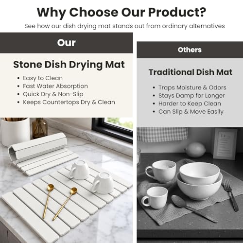 Stone Dish Drying Mat for Kitchen Counter, Large Quick Dry Diatomaceous Earth Stone Drying Mat, Foldable Water Absorbent Dish Drying Mat for Dishes, Cups, Bottles, Kitchen Sink & Countertop (White) - color: White