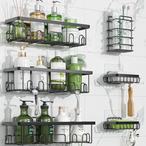 Simple Trending 6-Pack Shower Caddy Adhesive with Large Capacity | No Drilling Shower Shelves, Rustproof Stainless Steel Bathroom Organizers and Storage , Quick Dry, Abrasion Resistant, Black