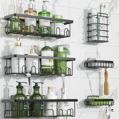 Simple Trending 6-Pack Shower Caddy Adhesive with Large Capacity | No Drilling Shower Shelves, Rustproof Stainless Steel Bathroom Organizers and Storage , Quick Dry, Abrasion Resistant, Black