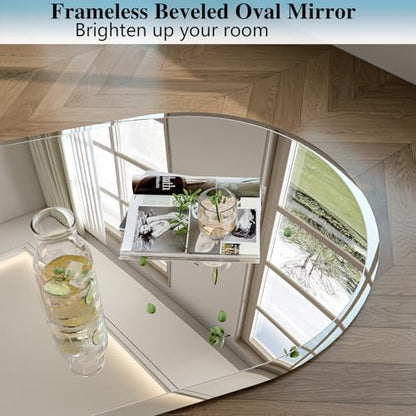 Frameless Oval Mirror, 24"x40" Beveled Oval Bathroom Mirrors | 5mm HD Glass, Anti-Rust, 15mm Frameless Beveled Mirror, French Cleat, Horizontally or Vertically, for bathroom/bedroom - size: 24"L x 40"W