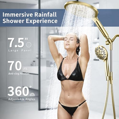 High Pressure Dual Shower Head with Handheld Spray Combo | 9 Spray Modes Handheld Showerhead, Double Rainfall Structure, Waterfall Shower Equipped with 79-Inch Hose, Brushed Gold - color: Brushed Gold