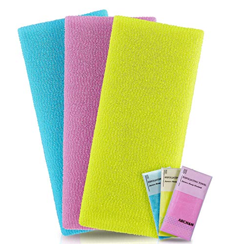 ARCH&M 12-Pack Premium Nylon Exfoliating Washcloth Towel - 35-Inch Quick-Dry, Hygienic Japanese Washcloth for Body & Back - Durable, Machine Washable, Long-Lasting - style: Red x 4 Yellow x 4 Blue x 4