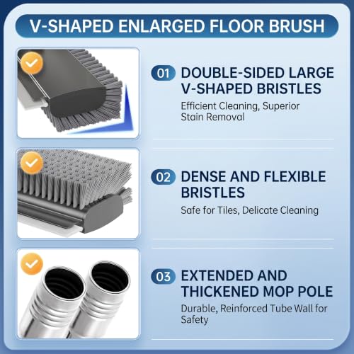 3-in-1 Floor Scrub Brush with Long Handle, Floor Scrubber with Squeegee Tweezers, Adjustable Heavy-Duty Stiff Bristle Cleaning Brush for Tile, Bathroom, Shower, Garage, Patio, Deck(White Grey) - color: White Grey