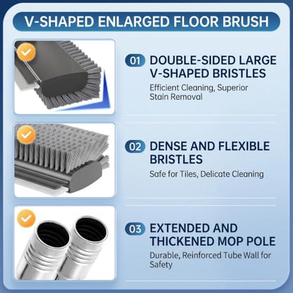 3-in-1 Floor Scrub Brush with Long Handle, Floor Scrubber with Squeegee Tweezers, Adjustable Heavy-Duty Stiff Bristle Cleaning Brush for Tile, Bathroom, Shower, Garage, Patio, Deck(White Grey) - color: White Grey