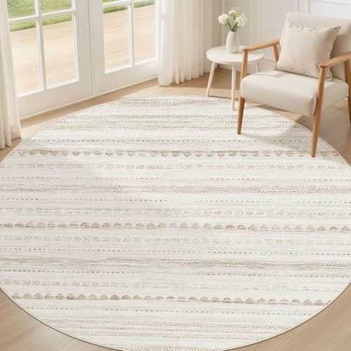Nakagishi Round Rug Boho Area Rugs: 6x6 Washable Large Circle Neutral Soft Stain Resistant Non-Slip Carpet for Women Aged 25-45 Farmhouse Decor Enthusiasts - Living Room Bedroom Dining Room Nursery - color: Beige Brown, size: 6' X 6' (Round)