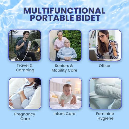 2Clean Portable Bidet - Travel & Home Use High Pressure Sprayer, USB Rechargeable Hygiene Device for Toilets with 2.5L Container, Variable Intensity, Lightweight Design, Wall Bracket Included