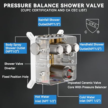STARBATH Shower Systems with 4 Body Spray Jets, 12" Rainfall Shower Head with Handheld Combo, Can Use All at Once, Push Button Shower Jets System in Wall Shower Faucet Sets Complete,Brushed Nickel - color: Brushed Nickel, size: 12"-04