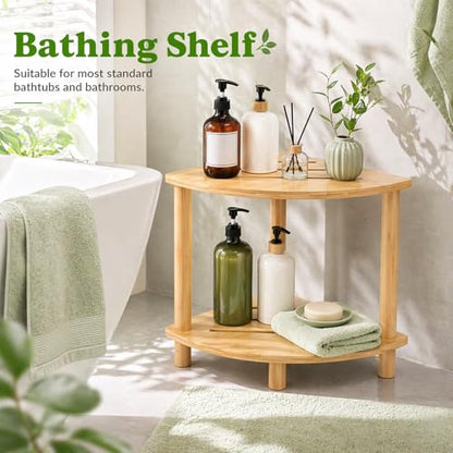 Bamboo Corner Shower Stool, 2-Tier Waterproof Shower Foot Rest with Storage Shelf, Showers Feet Stool for Shaving Legs & Small Spaces, Bath Seat for Women, Mom