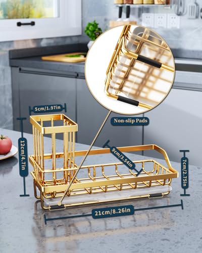 Consumest Sink Caddy, Kitchen Sponge Holder with Dish Brush Holder, Kitchen Sink Organizer with Drip Tray for Countertop, Stainless Steel Rustproof - Gold - color: Gold