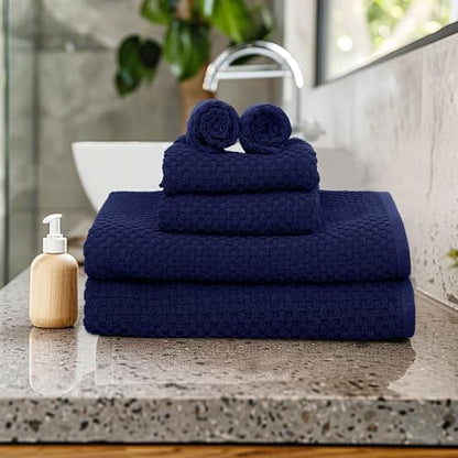COTTON CRAFT Euro Spa Waffle Weave 6 Piece Towel Set - 100% Cotton - Navy | 2 Oversized Luxurious Large Bath Towels, 2 Hand Towels, 2 Washcloths - Soft Plush Super Absorbent Low Lint Quick Dry - color: Navy, size: 6 Piece Towel Set