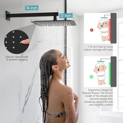 SR SUN RISE Shower Faucet Set & System - 12 Inch Rainfall Shower Head & Handle Set Wall Mounted Matte Black Solid Brass Valve Trim Kit Included - color: Matte Black, size: 12 Inch