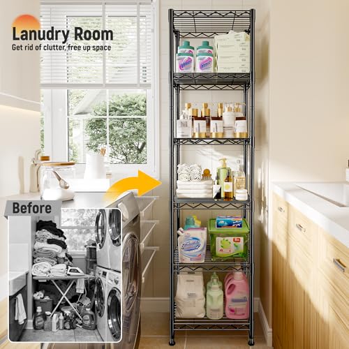 DurayLoly 63.8" H 6-Tier Narrow Storage Shelves, 265lbs, Adjustable, Pantry | Slim 15.8"Wx11.8"D, Leveling feet+anti-tip, Rustproof, 15-min tool-free assembly, For kitchen, bath, laundry, pantry, closet - size: 15.8"W x 11.8"D x 63.8"H