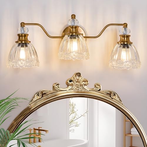 ASGYISA Lyfeesis Gold Bathroom Light Fixtures Over Mirror Vintage Brass Vanity Light 3 Light Crystal Glass Shade Matte Antique Brass Finish
