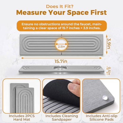 Diatomite Faucet Mat for Kitchen & Bathroom Sink Fast Drying Stone Splash Guard, Super Absorbent Sink Protector Prevents Moisture, Easy Clean Counter Tray (Gray--15.8"x3.9") - color: Gray--15.8"x3.9"