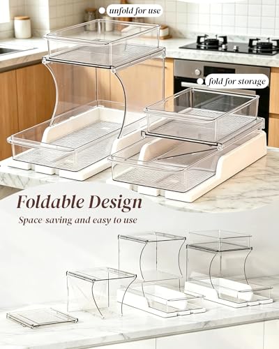 2 Pack Pull-Out Makeup Organizer 2 Tier Under-Sink Rack | Acrylic Countertop Organizer & 180° Swivel Drawer, Waterproof Sliding Storage for Bathroom Vanity, Kitchen Cabinet, Pantry