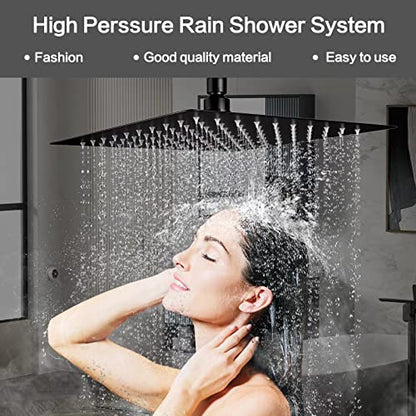 Black Rain Shower System Faucet Set with Handheld, 10 inch | Solid Metal Wall Mount Rainfall Shower Set with Safe Anti-Scald Valve, Air Injection High Pressure Water Saving Combo - color: Matte Black, style: 10in without Tub spout