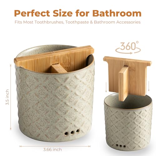 Zoeeker Toothbrush Holders for Bathroom with Drain Holes and Bamboo Divider | Ceramic Toothbrush and Toothpaste Holder, Detachable 3 Slots Electric Tooth Brush Cup Countertop Organizer for Family, Green - color: A-green