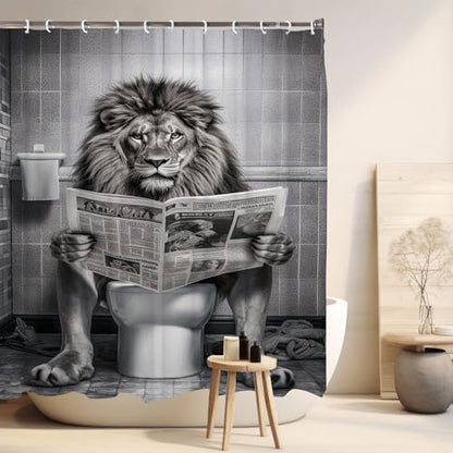 Funny Lion Small Stall Shower Curtain 36 x 72, Funcy Humor Leo Animal on Toilet Narrow Half Size Shower Curtains Set, Black and White Shower Curtains, Large Cat Bathroom Window Curtain with Hooks - color: White Black, size: 36"W x 72"L (Pack of 1)