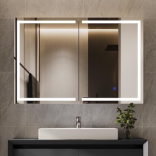 Lighted Medicine Cabinet with Mirror, Wall Mounted Bathroom Mirror with Storage, 2 Doors Bathroom Wall Cabinet with LED Lights, 35.4'' x 23.6'' - size: 35.4'' x 23.6'' With 2 Doors