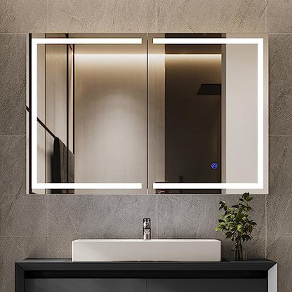 Lighted Medicine Cabinet with Mirror, Wall Mounted Bathroom Mirror with Storage, 2 Doors Bathroom Wall Cabinet with LED Lights, 35.4'' x 23.6'' - size: 35.4'' x 23.6'' With 2 Doors