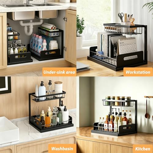 Upgraded Under Sink Organizer, 2 Tier Pull Out Kitchen Cabinet Organizer Metal Slide Out Bathroom Organizers and Storage Makeup Drawer Organizer for Office Bedroom Restroom Livingroom, 1 Pack